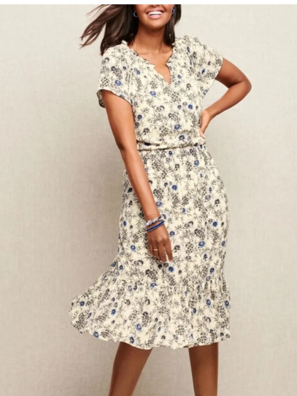 Talbots Cream Midi Dress with Blue Floral Motif